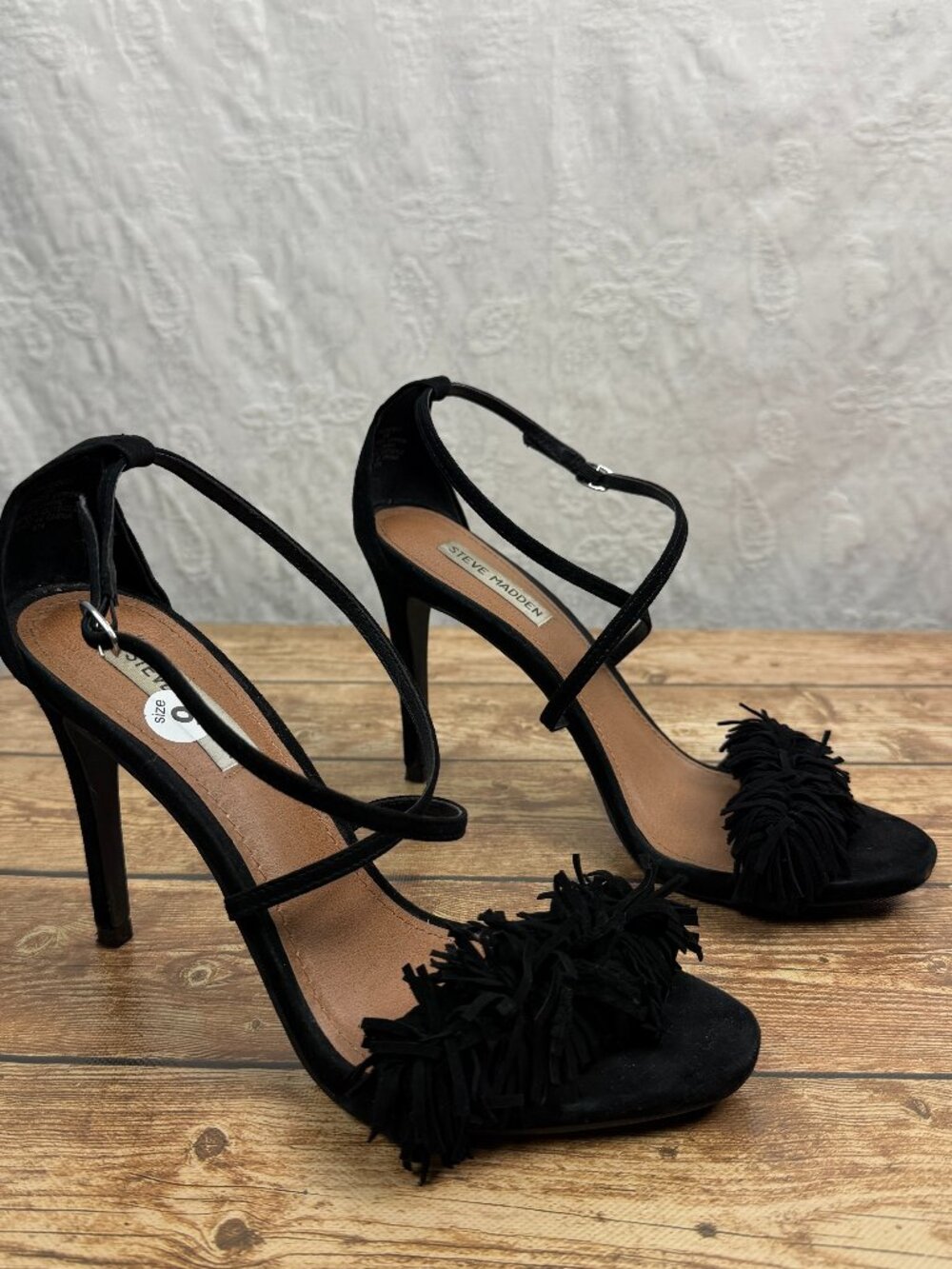 Steve Madden Women’s 9 Black Suede Fringe Tassel Strappy Stiletto Heels Sandals